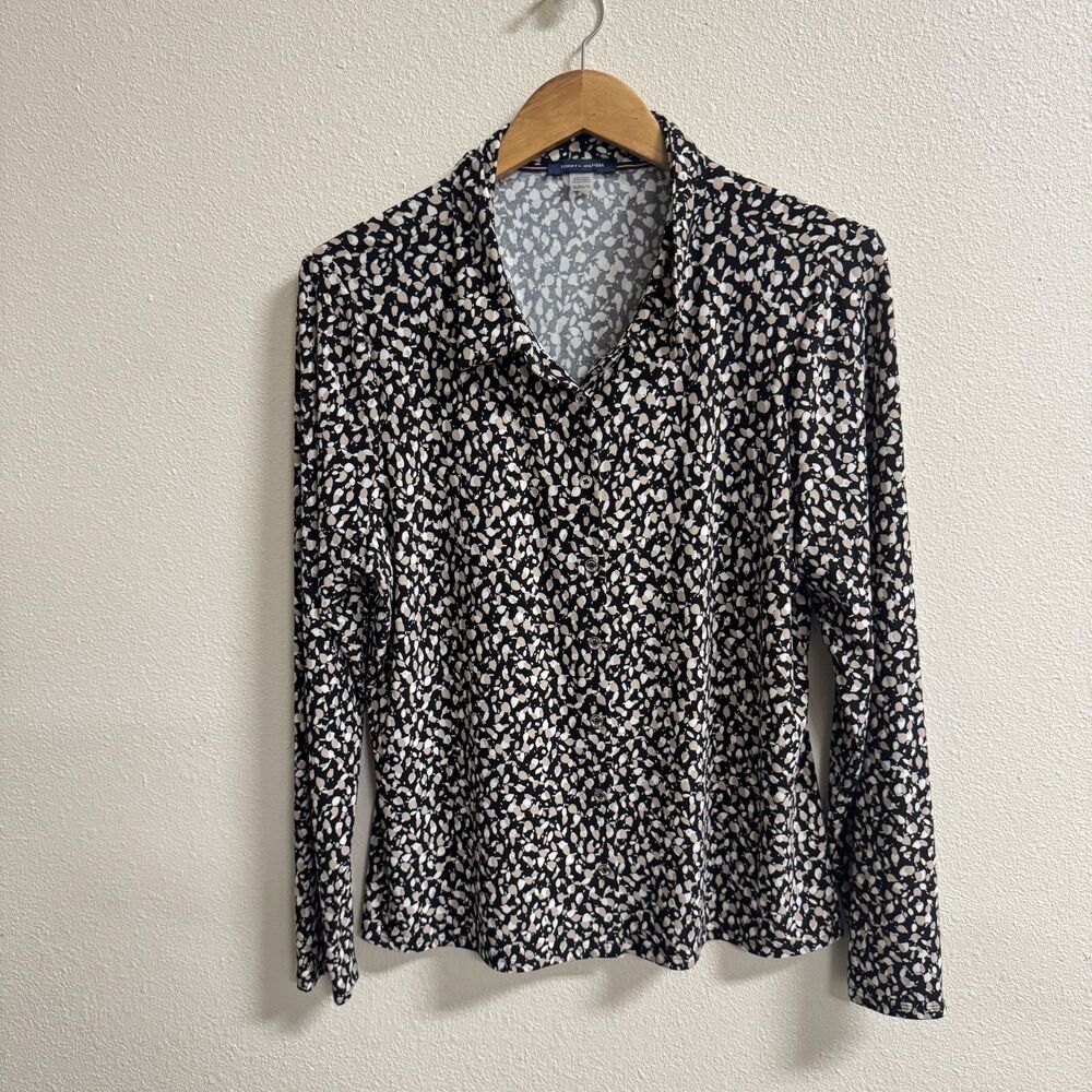 Tommy Hilfiger Blouse XL Black Tan Abstract Print Long Sleeve Button Front